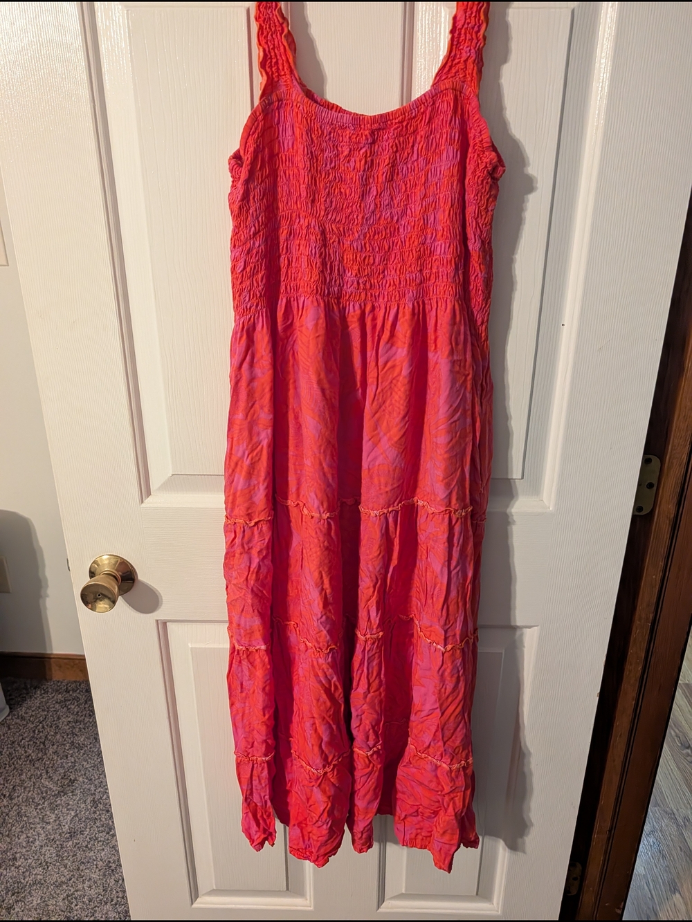 La Mer Luxe Pink & Coral Palm Smocked Tiered Maxi Dress - XL